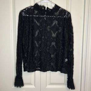 Guyueqiqin Cute Lace Ruffle Turkoise Neck Black Long Sleeve Blouse Size Large
